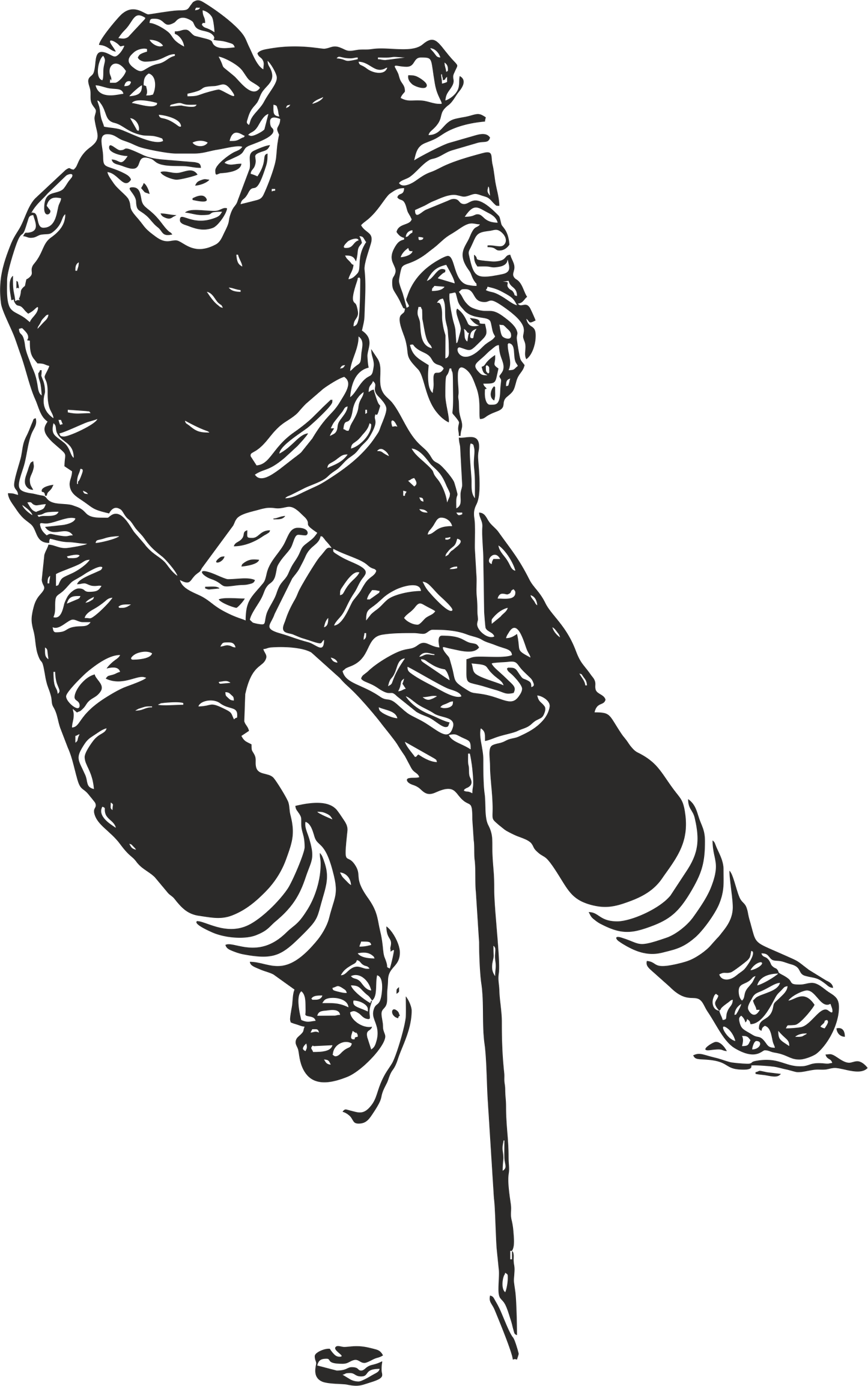 Ice hockey wall decal – Stickhandling player silhouette in black, facing left – Vinyl sticker for sports-themed decor.