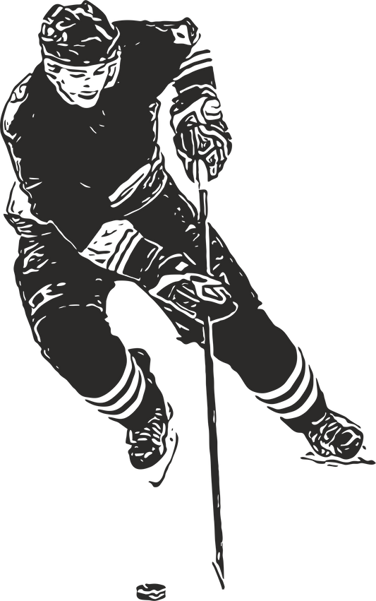 Ice hockey wall decal – Stickhandling player silhouette in black, facing left – Vinyl sticker for sports-themed decor.