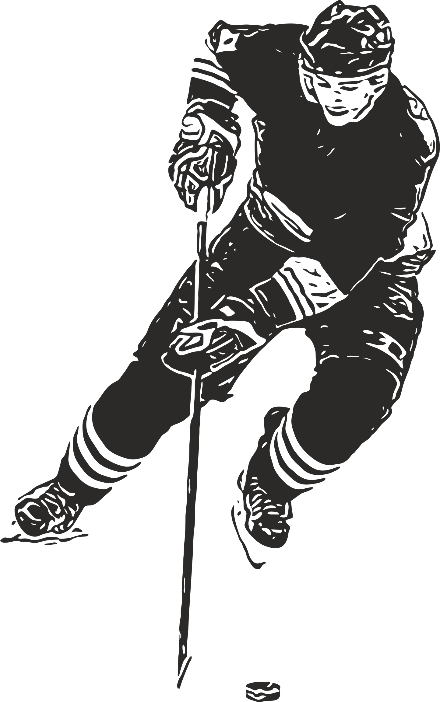 Ice hockey wall decal – Stickhandling player silhouette in black, facing right – Vinyl sticker for sports-themed decor.