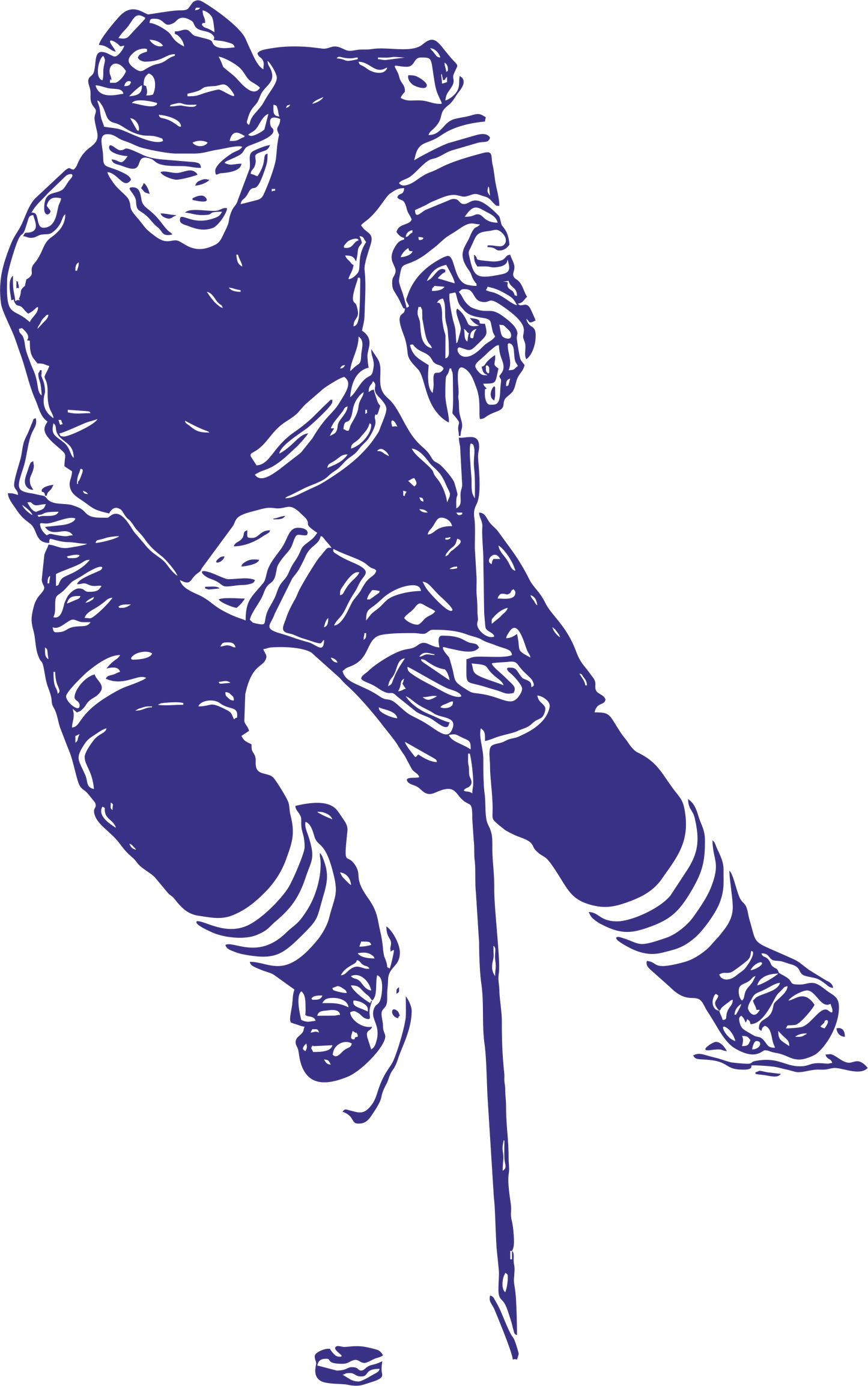Ice hockey wall decal – Stickhandling player silhouette in navy, facing left – Vinyl sticker for sports-themed decor.