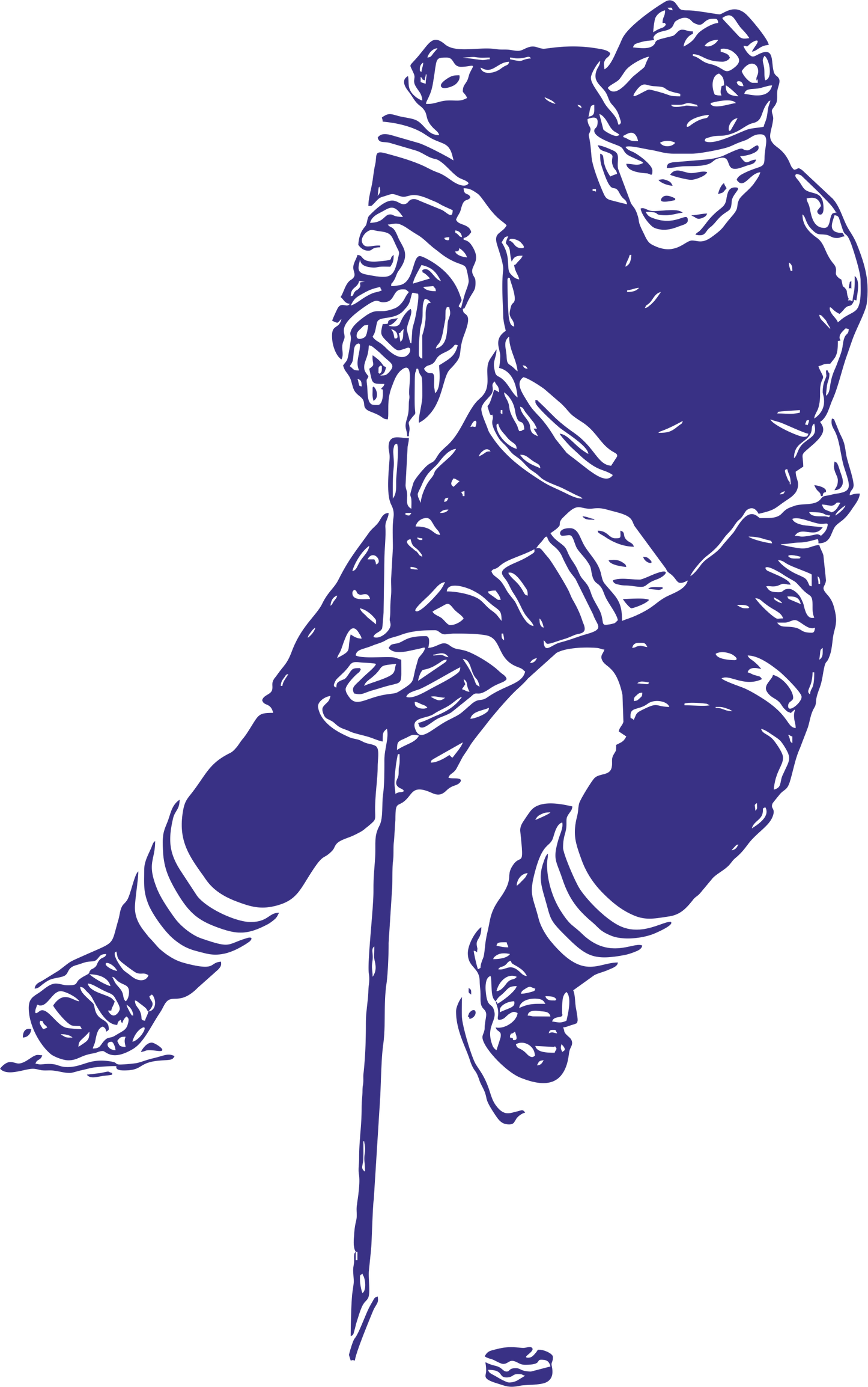 Ice hockey wall decal – Stickhandling player silhouette in navy, facing right – Vinyl sticker for sports-themed decor.