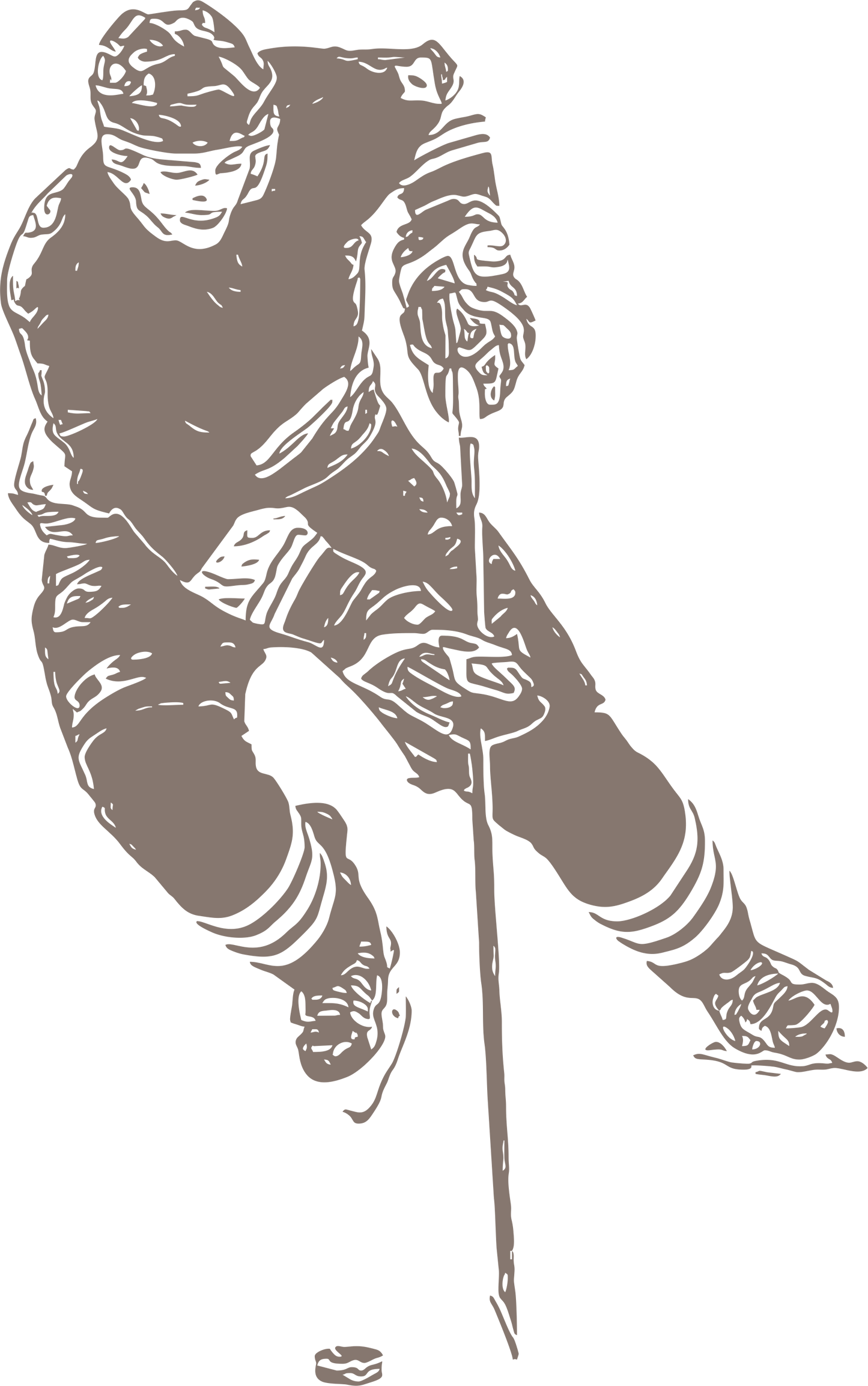 Ice hockey wall decal – Stickhandling player silhouette in brown, facing left – Vinyl sticker for sports-themed decor.