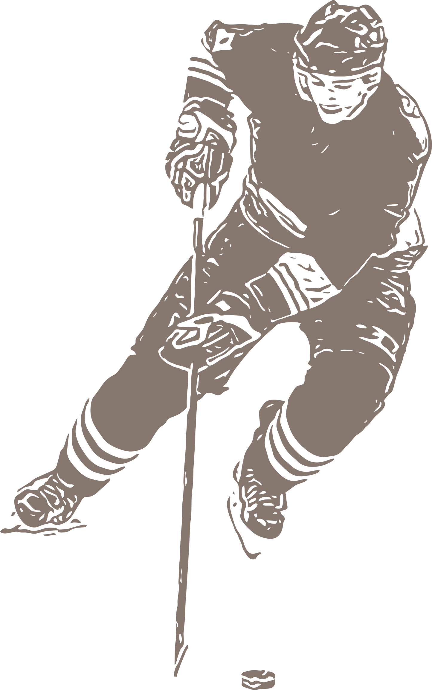 Ice hockey wall decal – Stickhandling player silhouette in brown, facing right – Vinyl sticker for sports-themed decor.