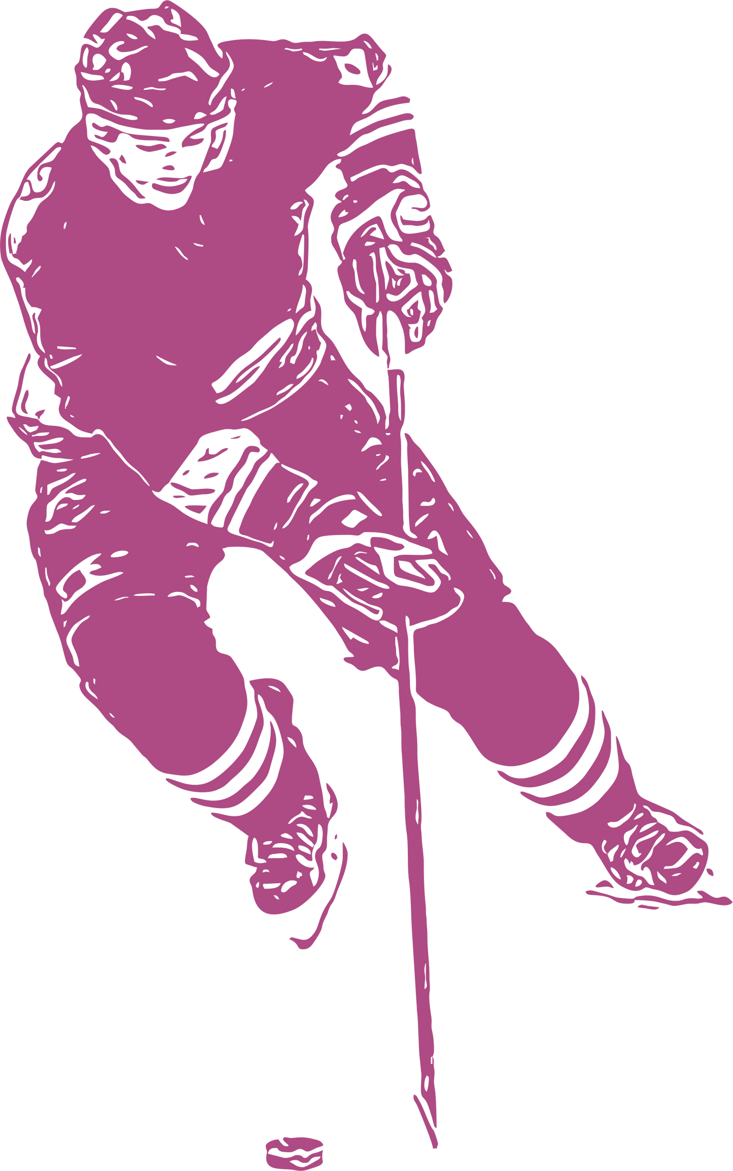 Ice hockey wall decal – Stickhandling player silhouette in purple, facing left – Vinyl sticker for sports-themed decor.