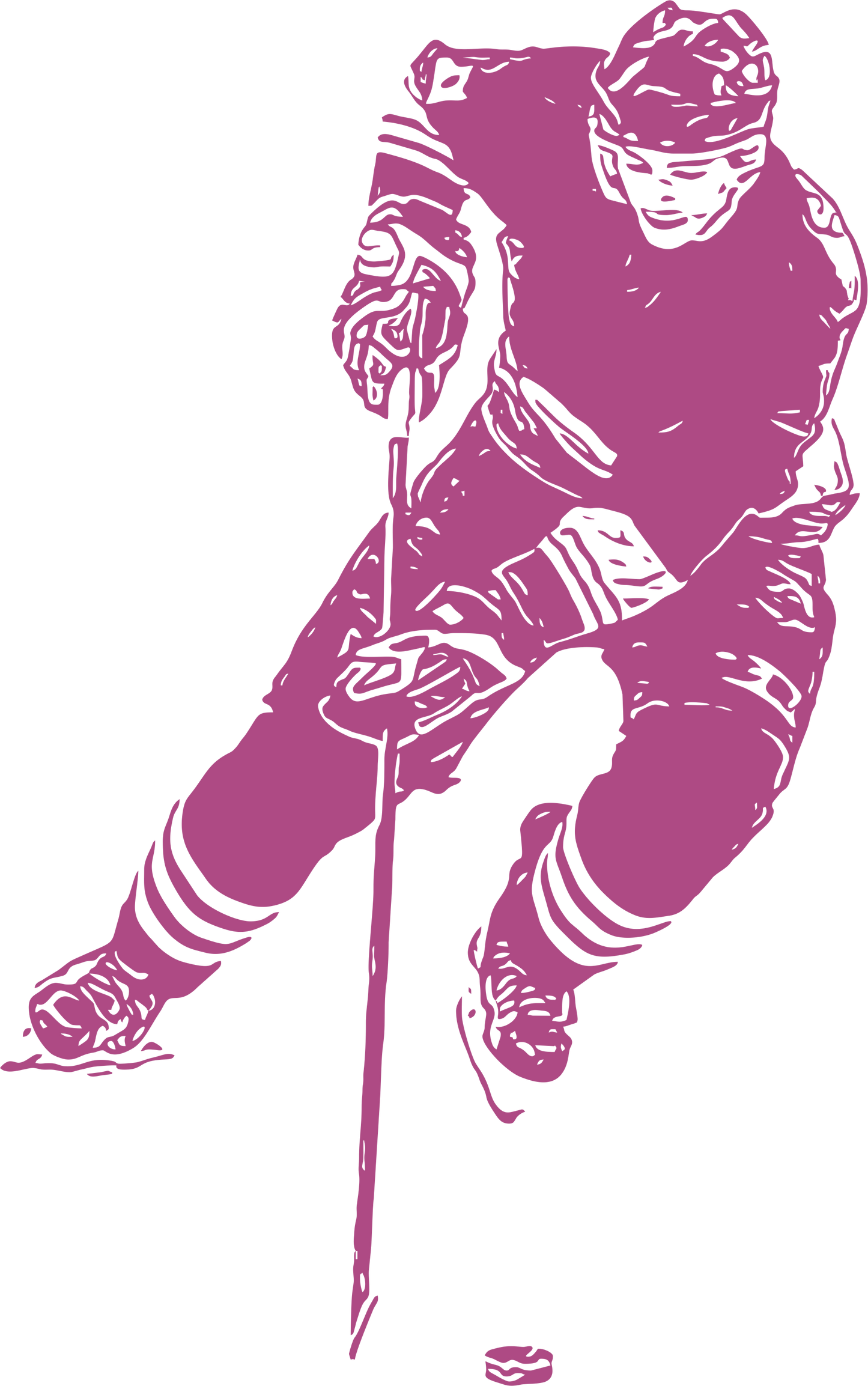 Ice hockey wall decal – Stickhandling player silhouette in purple, facing right – Vinyl sticker for sports-themed decor.