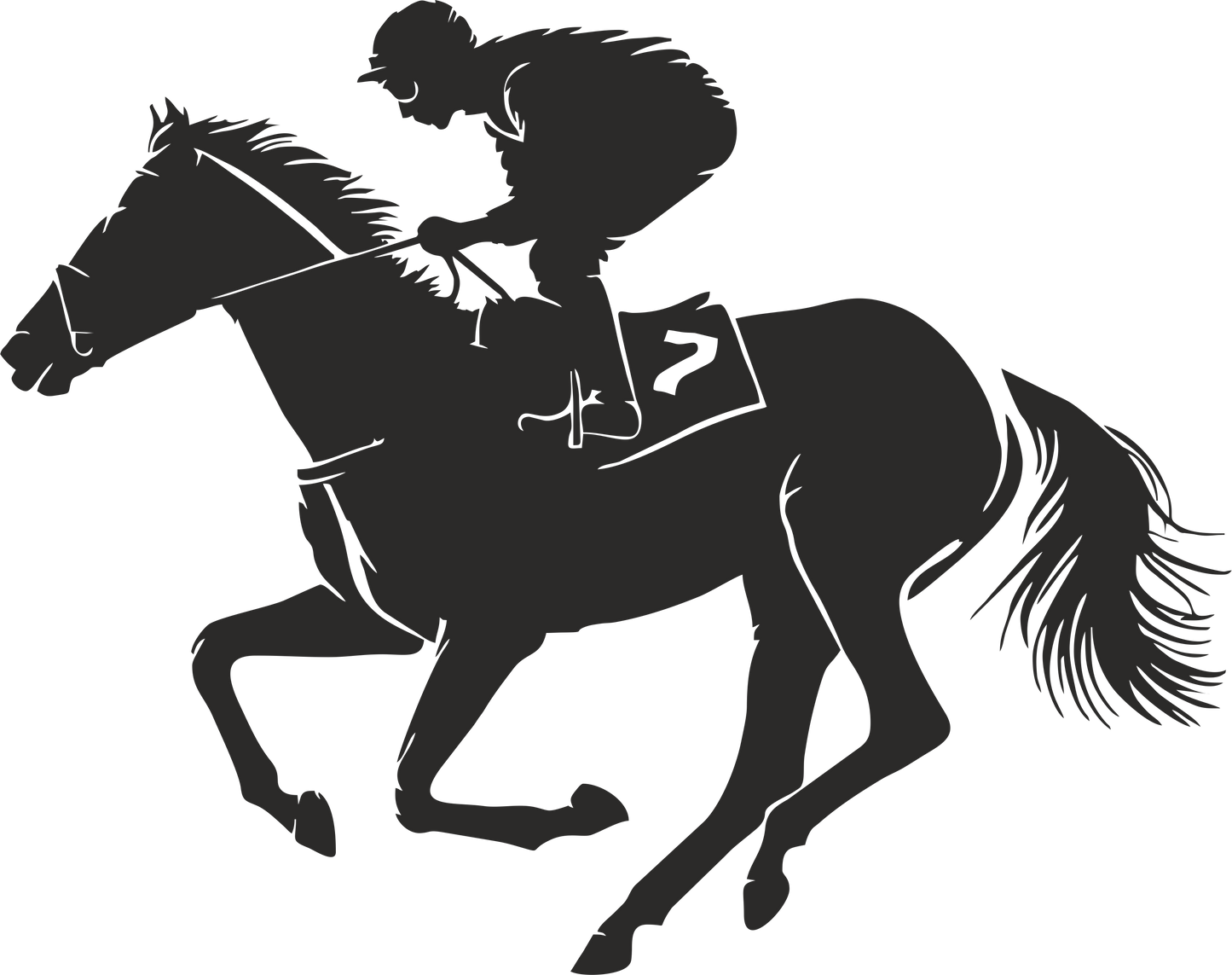 Horse racing wall decal – Galloping jockey silhouette in black, facing left – Vinyl sticker for equestrian-themed decor.