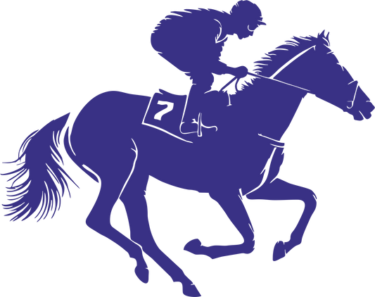 Horse racing wall decal – Galloping jockey silhouette in navy, facing right – Vinyl sticker for equestrian-themed decor.