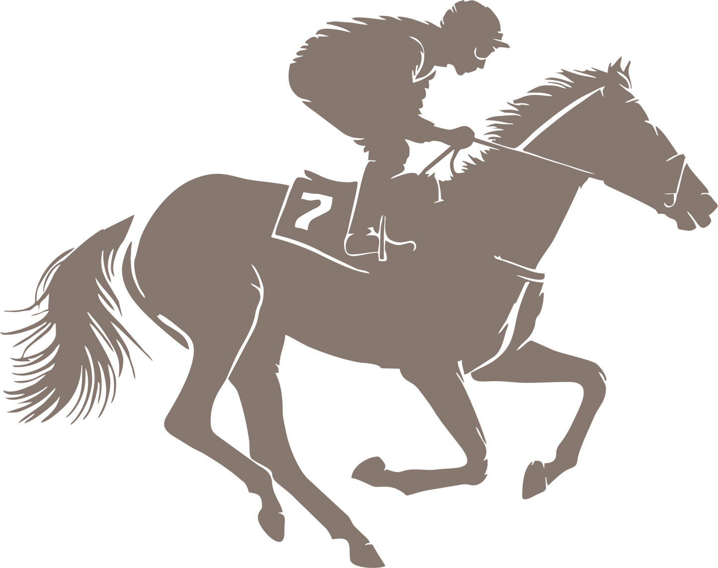Horse racing wall decal – Galloping jockey silhouette in brown, facing right – Vinyl sticker for equestrian-themed decor.