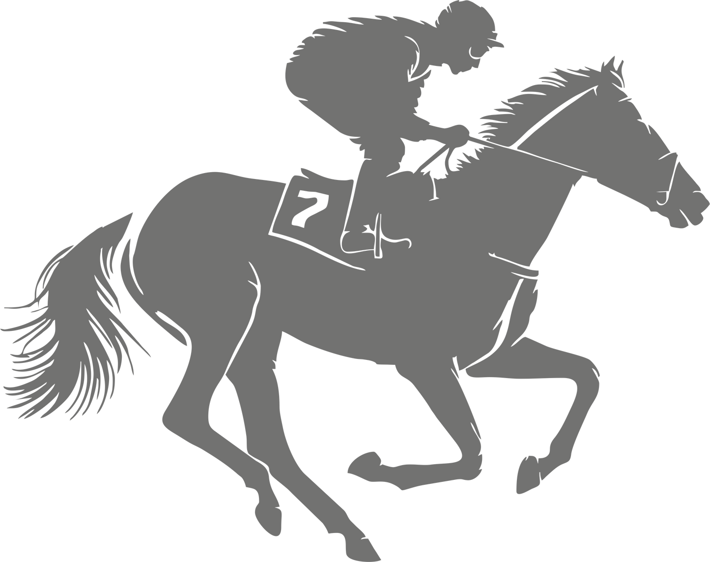 Horse racing wall decal – Galloping jockey silhouette in grey, facing right – Vinyl sticker for equestrian-themed decor.