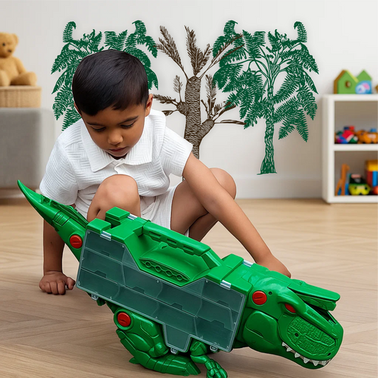 Boy playing with dinosaur toy near Lepidodendron wall decal – prehistoric tree sticker for kids’ room