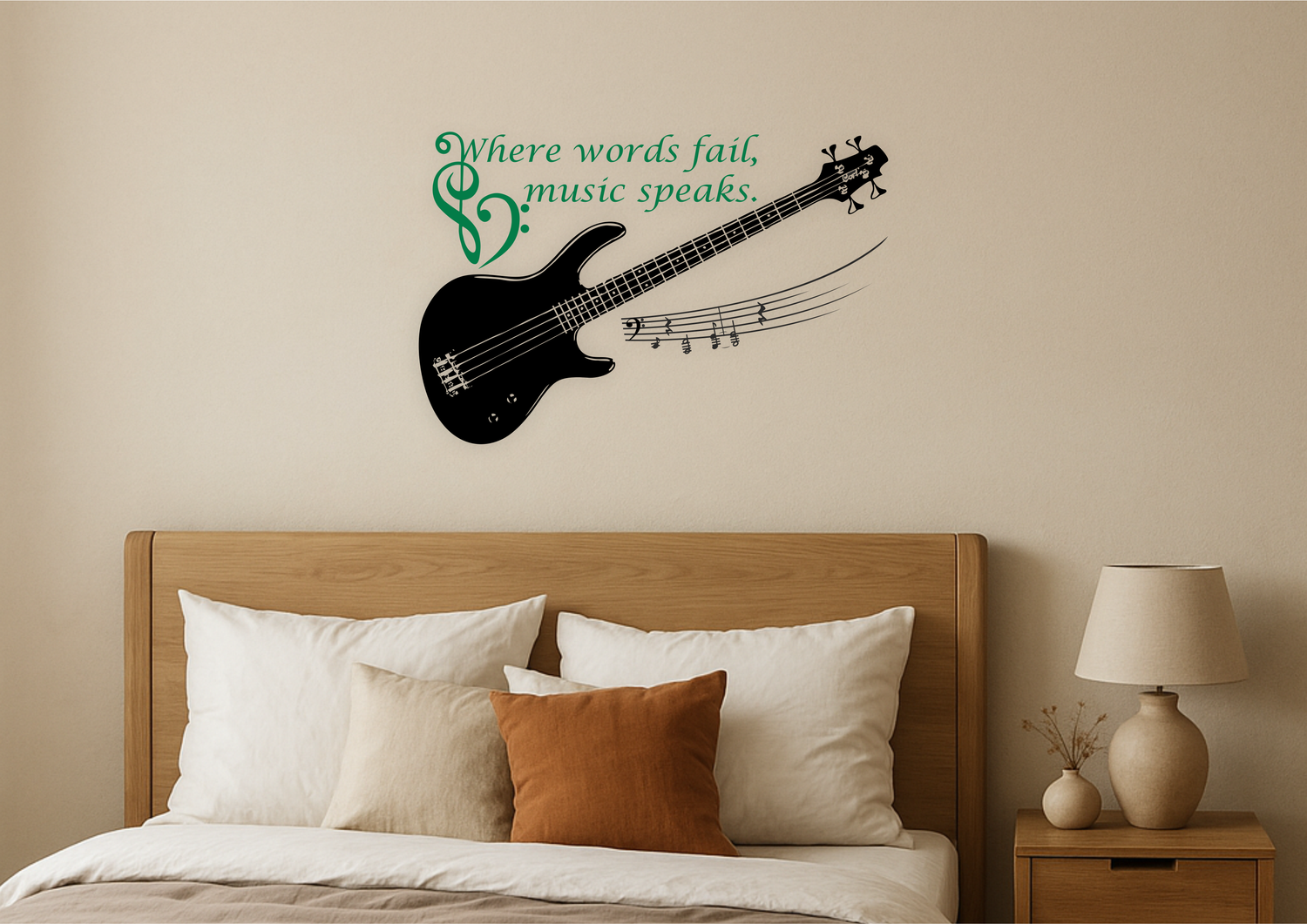 Bedroom wall decor with musical guitar decal and quote