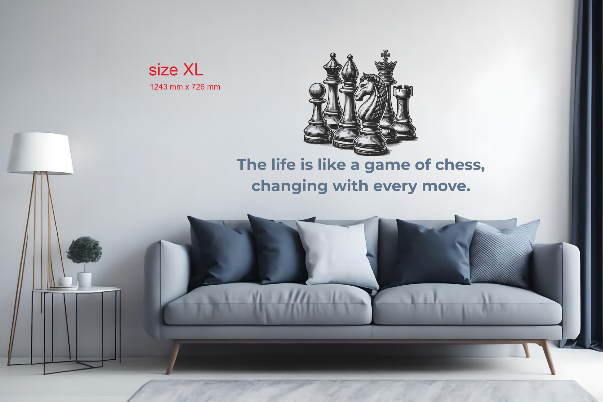 Chess wall art decal above sofa – The life is like a game of chess quote