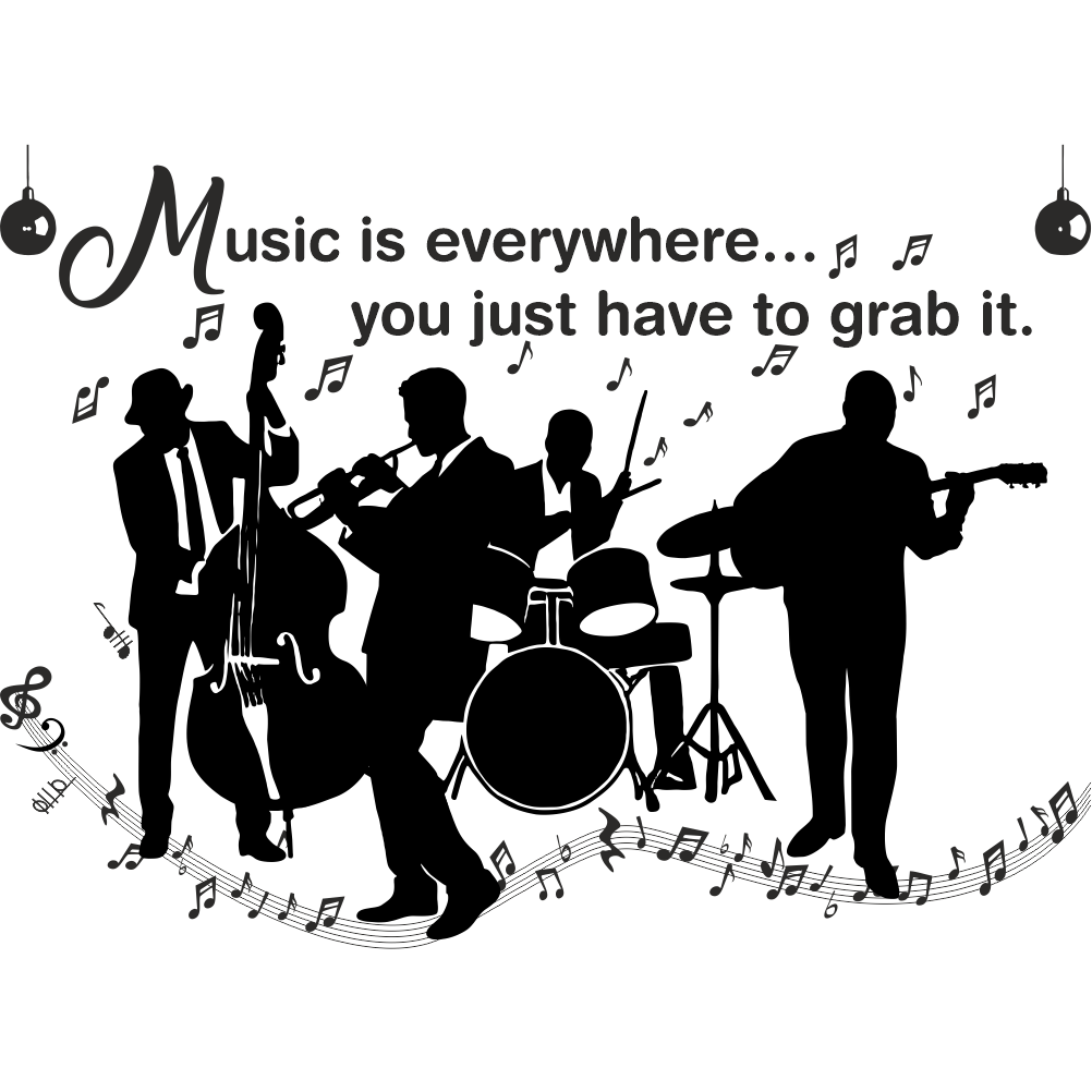 Black jazz band wall decal with “Music is everywhere” quote – inspirational vinyl sticker for living room or music studio décor.