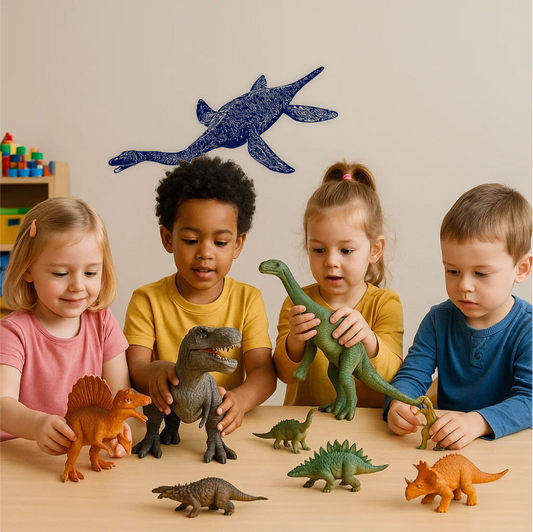 Group of young children playing with dinosaur toys under a blue Plesiosaurus wall decal – playful prehistoric decor for nurseries and classrooms.