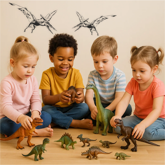 Group of kids playing with dinosaur toys under flying Pterodactylus wall decals – fun prehistoric-themed room decor