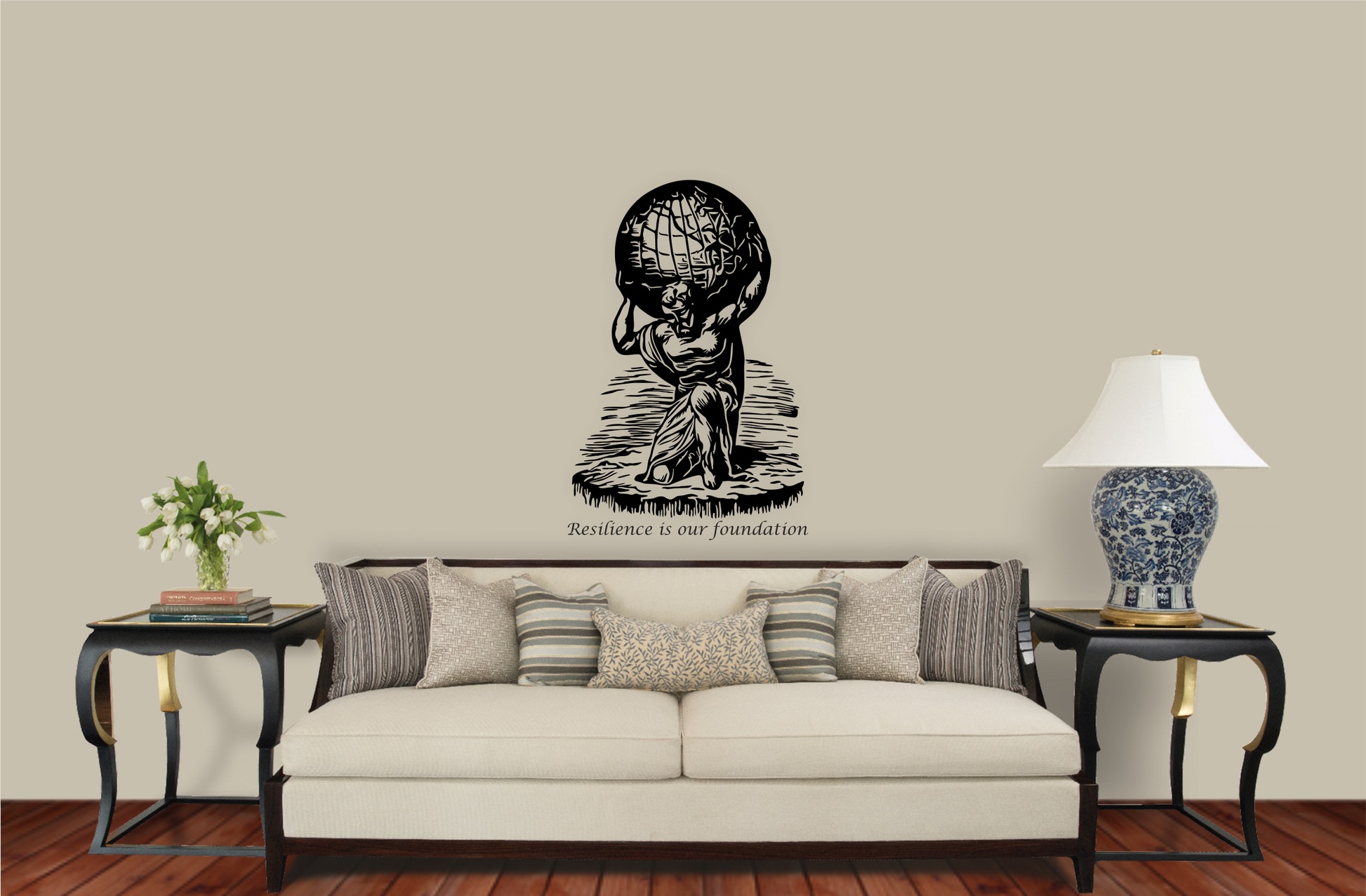 Atlas carrying the world decal above beige couch – inspirational living room wall art
