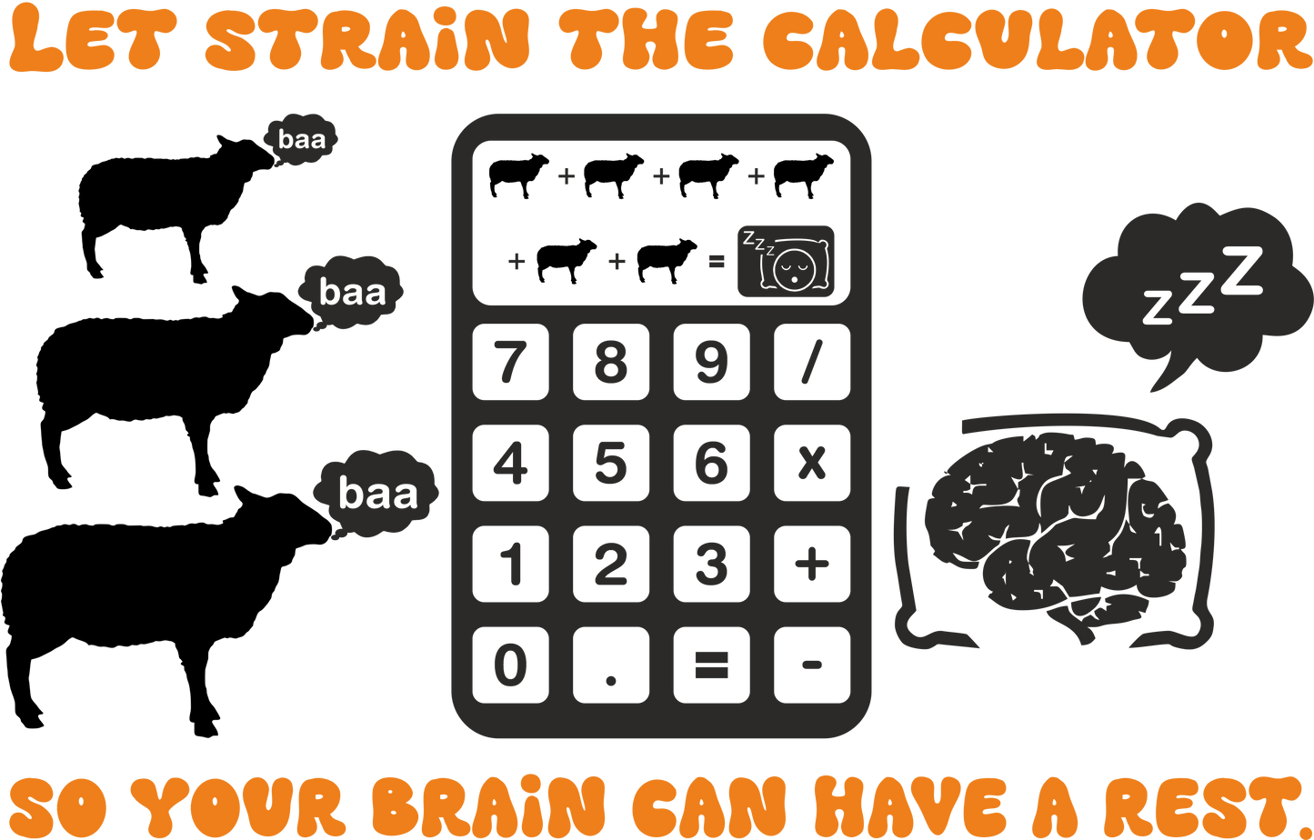 Orange sleep-themed wall art with calculator and sheep