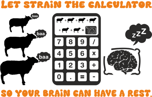 Orange sleep-themed wall art with calculator and sheep