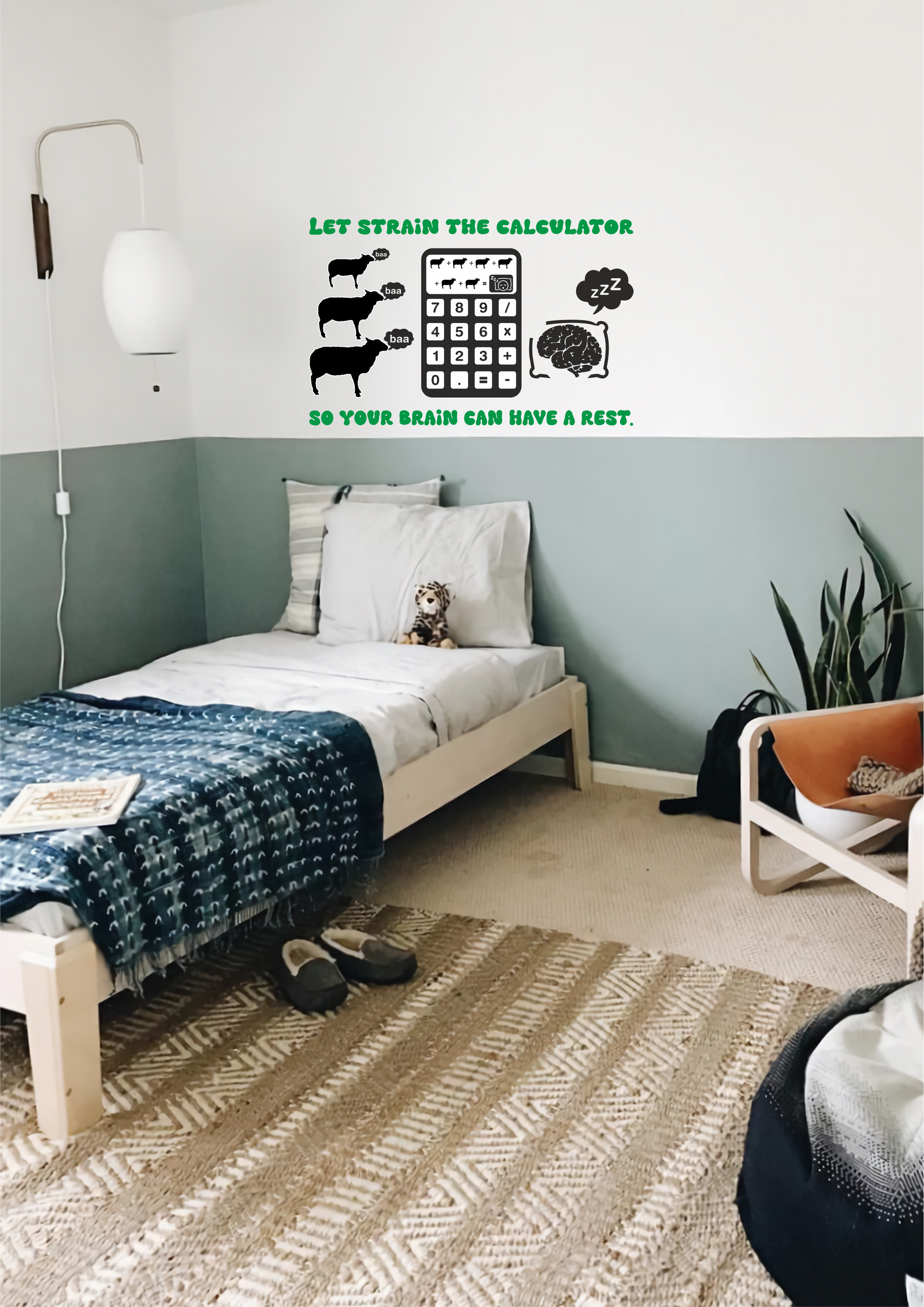 Kids room decor with sleep-themed sheep and calculator wall art