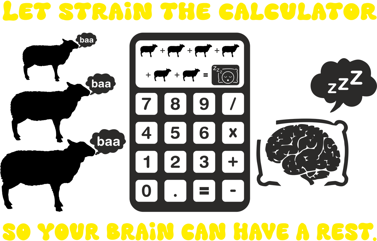 Yellow wall art with sleep-themed calculator and sheep