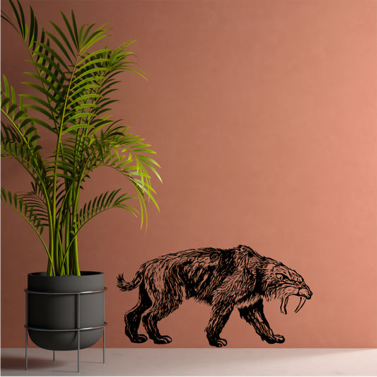 Saber-toothed tiger wall decal beside indoor plant on terracotta wall – fierce Ice Age decor accent