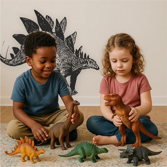 Kids playing with dinosaur toys near Stegosaurus wall decal – playful prehistoric room decor
