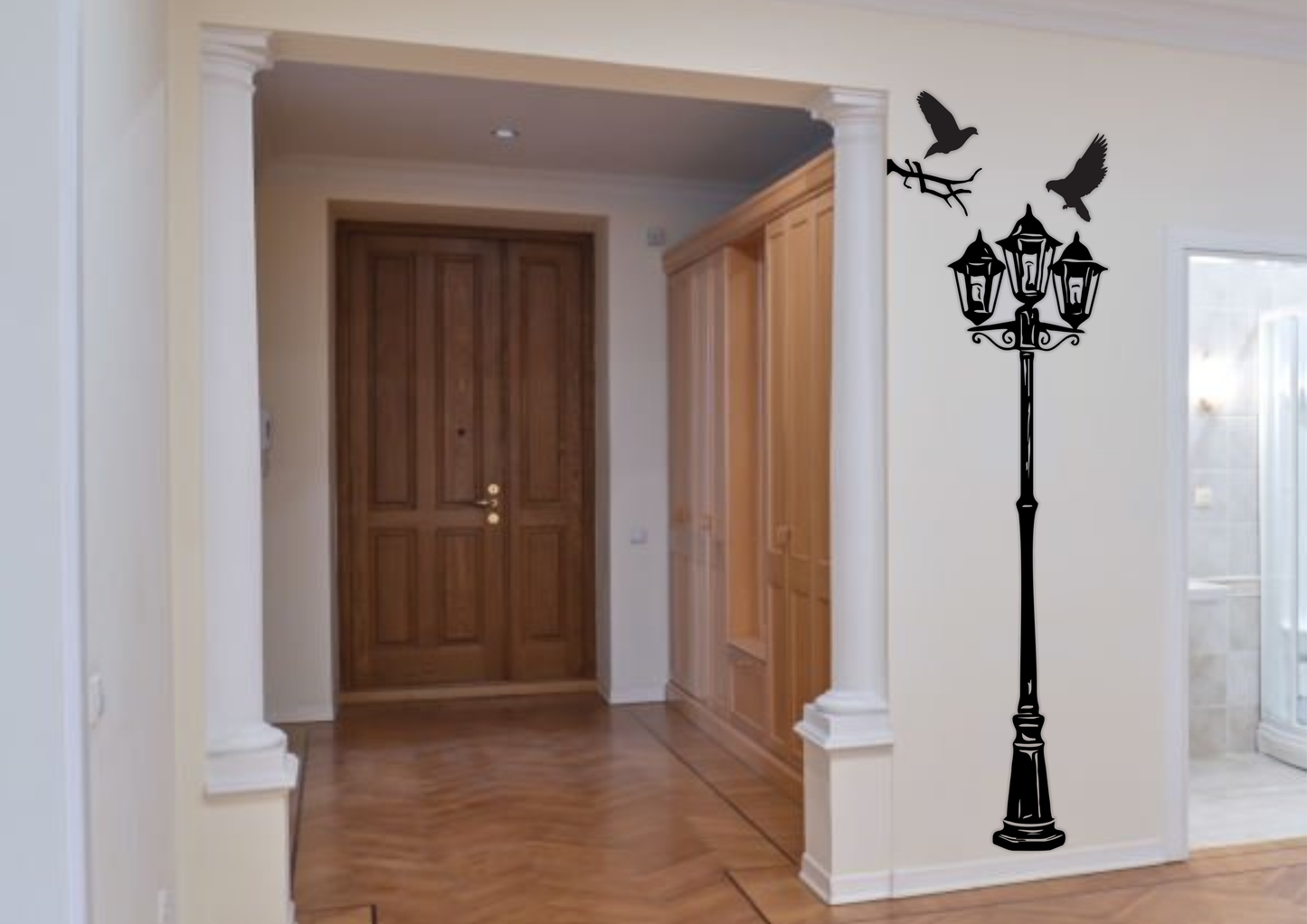Streetlamp decal applied in hallway – real-life vinyl wall decor inspiration