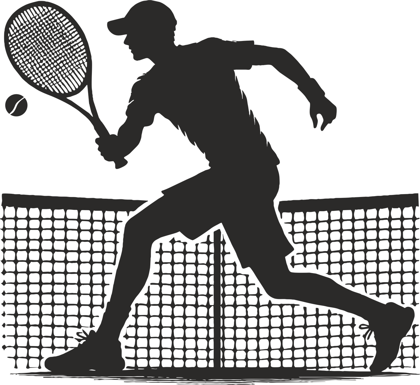 Tennis wall decal – Player backhand silhouette in black, facing left – Vinyl sticker for sports-themed decor.