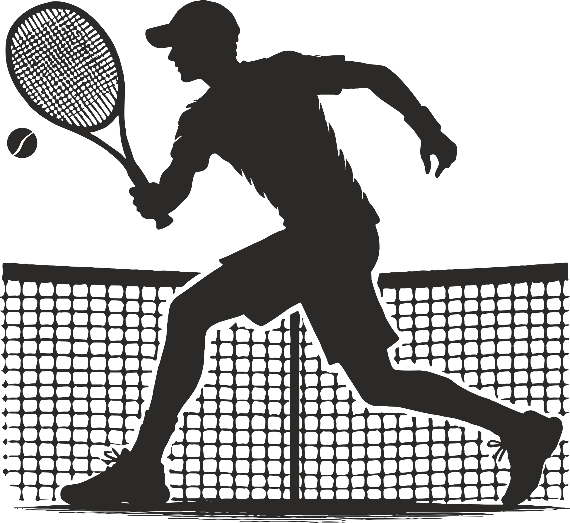 Tennis wall decal – Player backhand silhouette in black, facing left – Vinyl sticker for sports-themed decor.