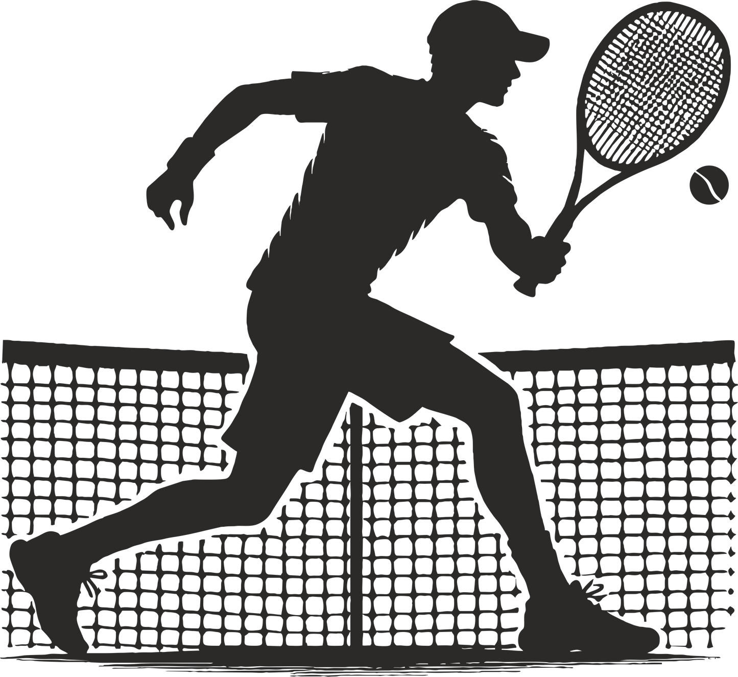 Tennis wall decal – Player backhand silhouette in black, facing right – Vinyl sticker for sports-themed decor.