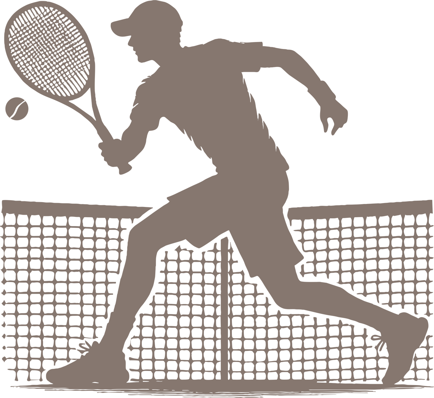 Tennis wall decal – Player backhand silhouette in brown, facing left – Vinyl sticker for sports-themed decor.
