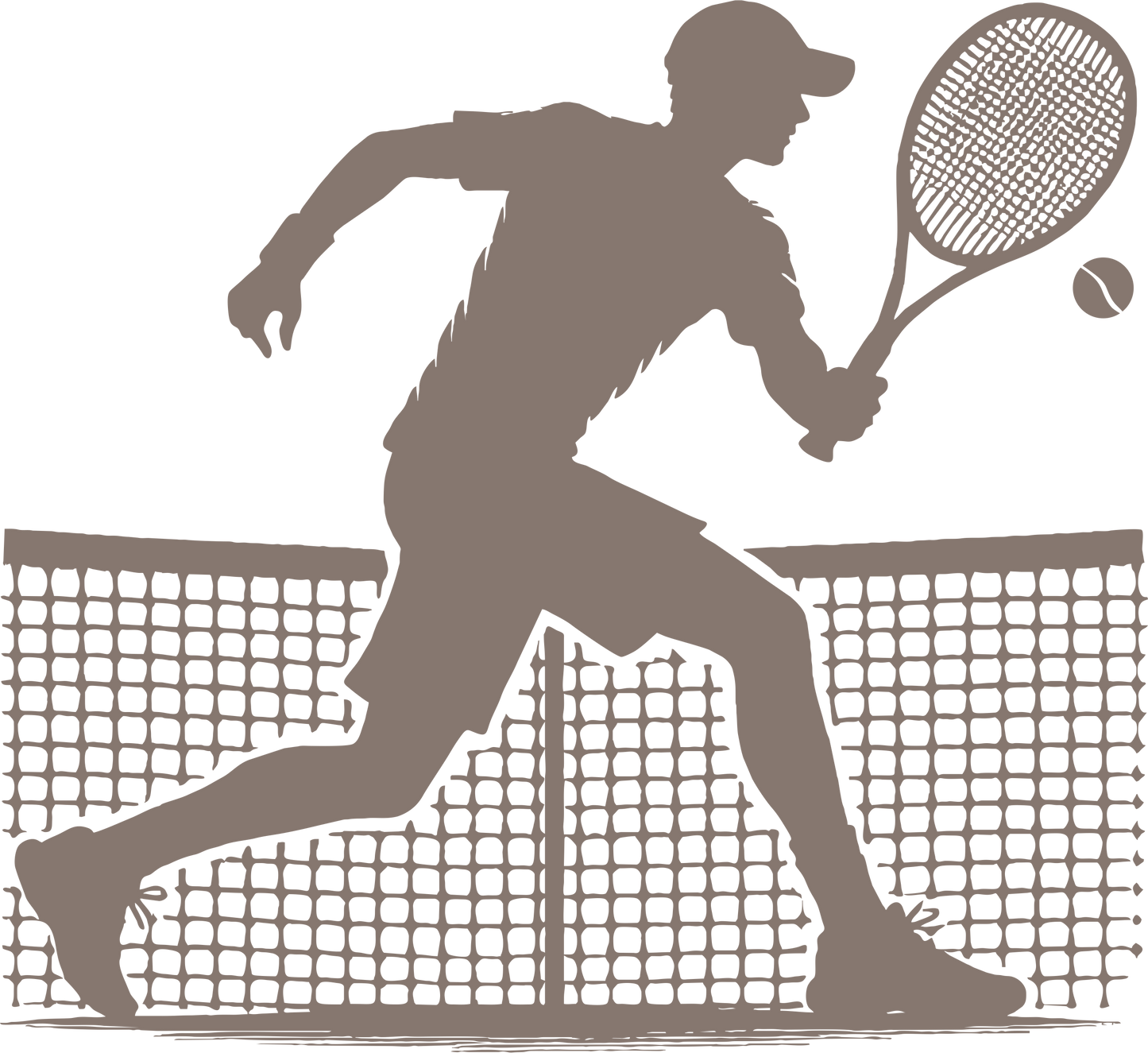 Tennis wall decal – Player backhand silhouette in brown, facing right – Vinyl sticker for sports-themed decor.