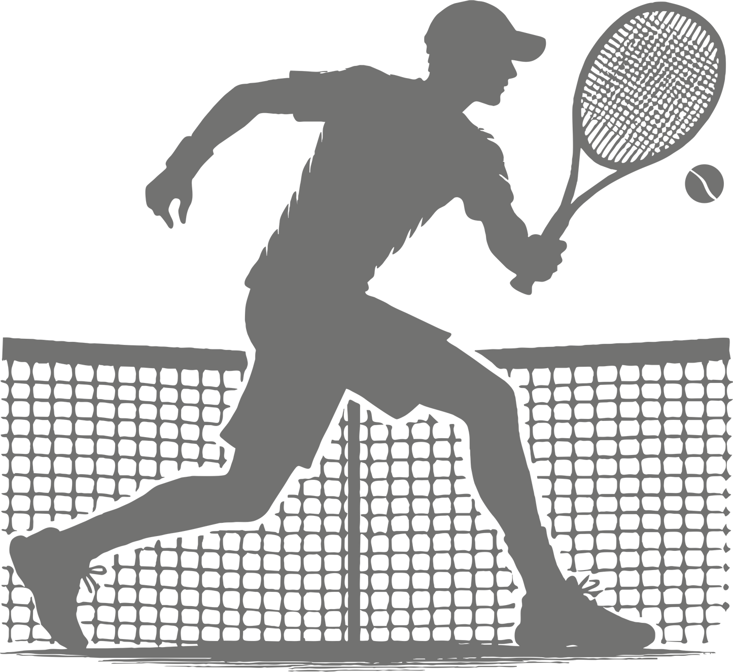 Tennis wall decal – Player backhand silhouette in grey, facing right – Vinyl sticker for sports-themed decor.