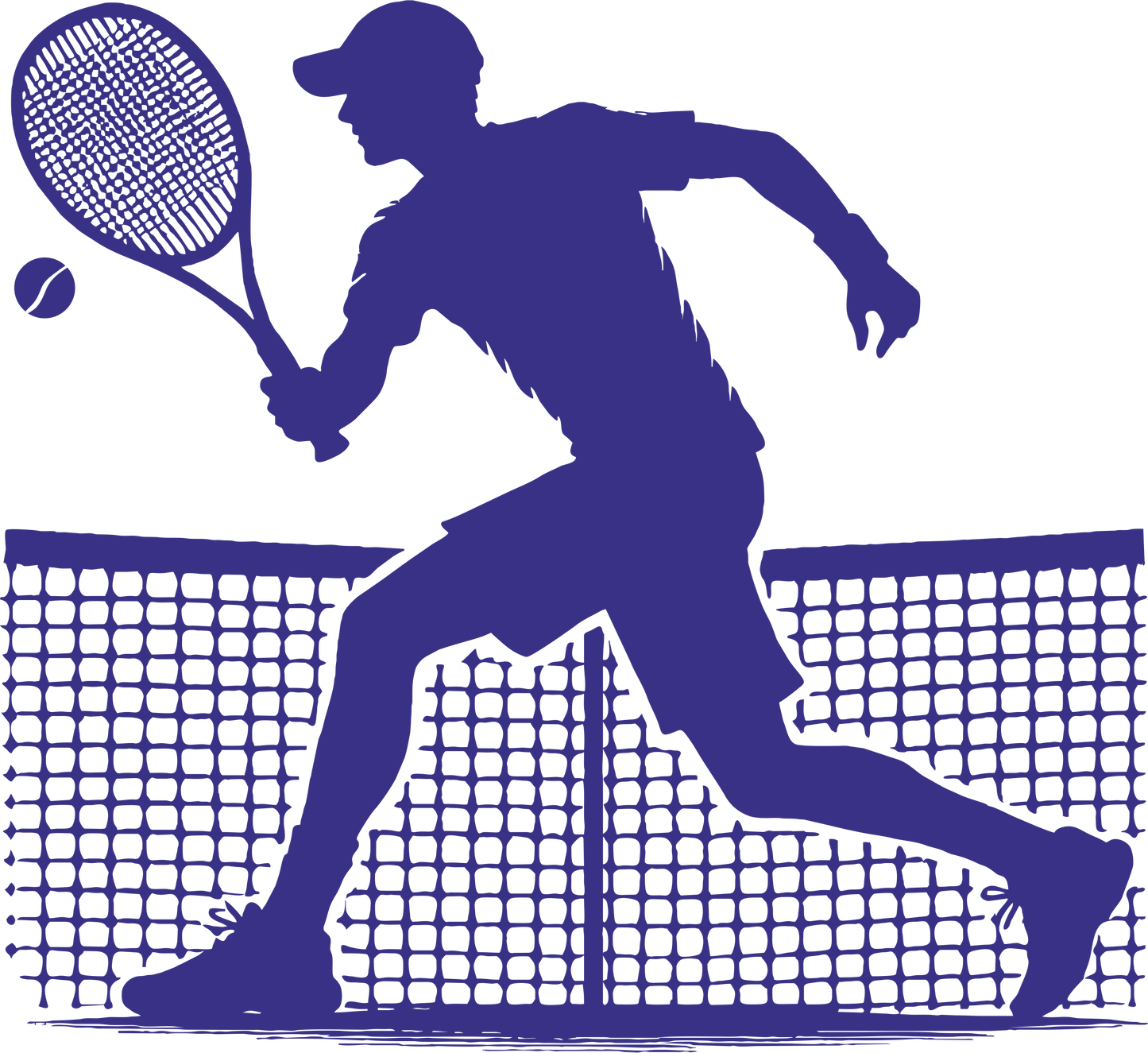Tennis wall decal – Player backhand silhouette in navy, facing left – Vinyl sticker for sports-themed decor.