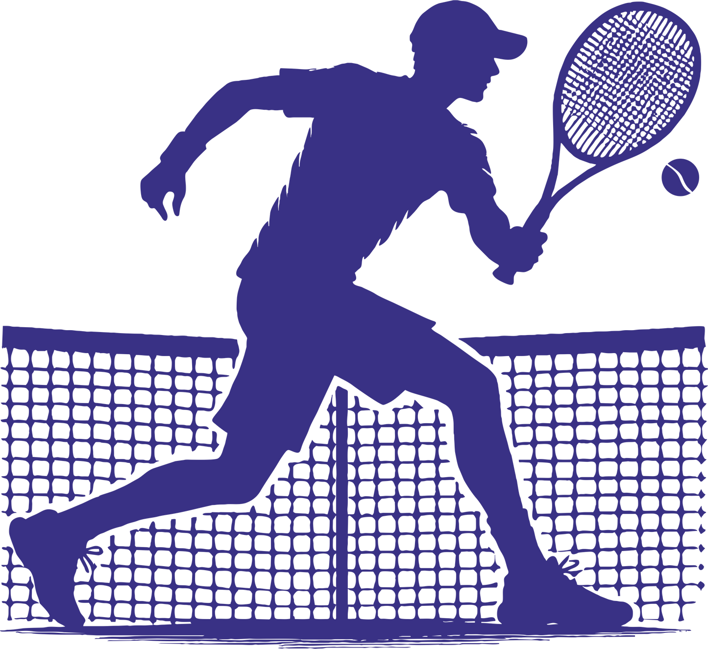 Tennis wall decal – Player backhand silhouette in navy, facing right – Vinyl sticker for sports-themed decor.