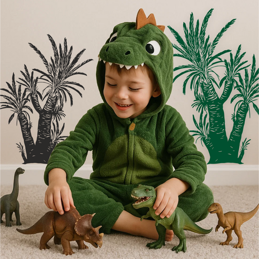Toddler in dinosaur costume playing with toy dinos – Williamsonia wall decals in black and green add Jurassic jungle vibes to kids’ room