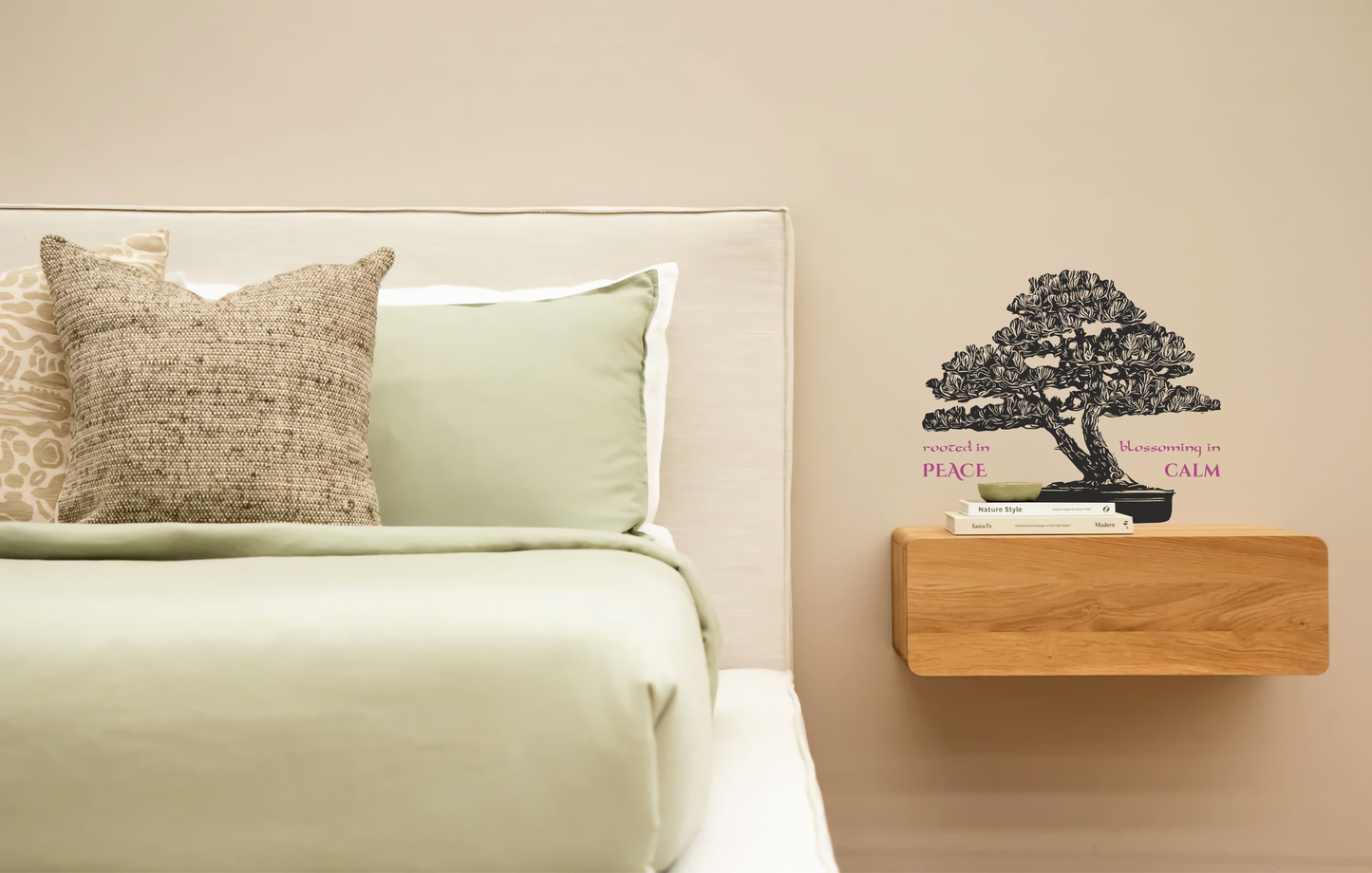 Zen-inspired wall art with bonsai tree and calming quote