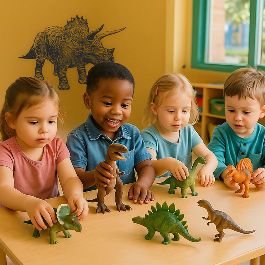 Children playing with dinosaur toys under Triceratops wall decal – fun prehistoric classroom decor for early learners