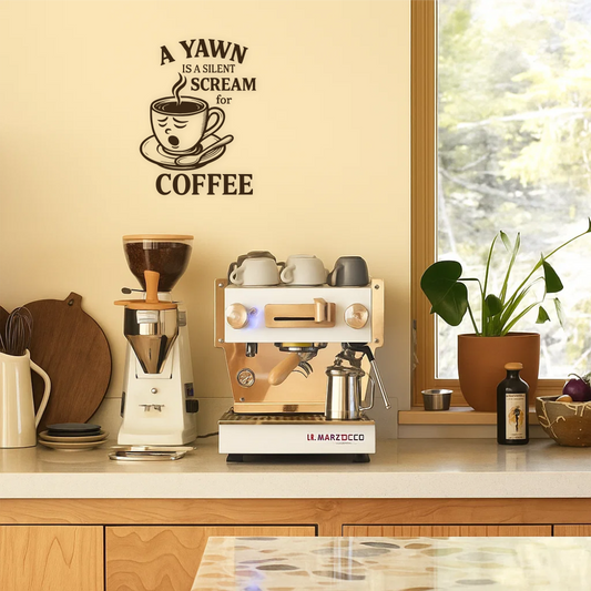 Coffee Quote kitchen wall decal above coffee machine in UK kitchen – funny vinyl wall sticker decor