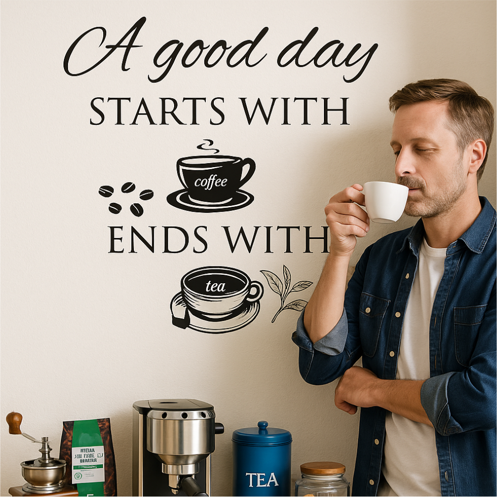 Elegant coffee and tea wall sticker in a modern kitchen with man enjoying coffee – lifestyle mockup