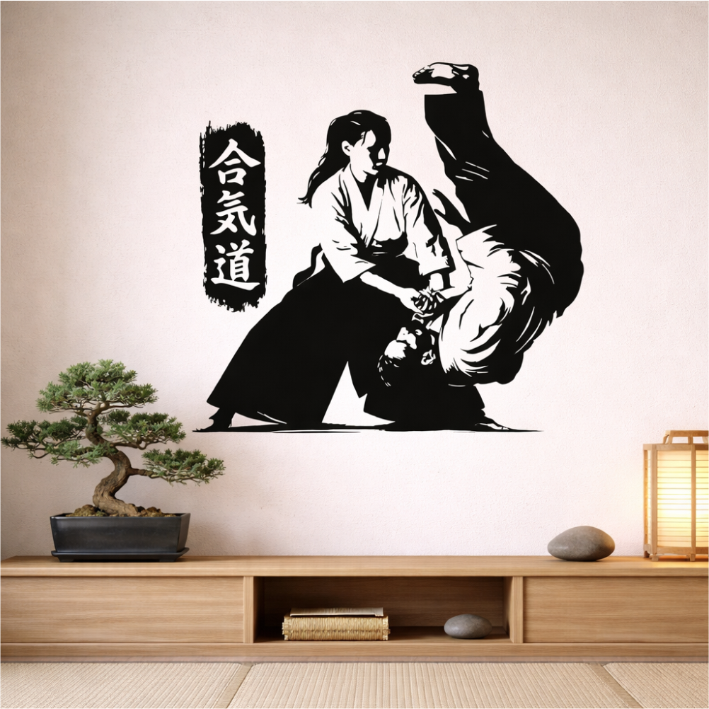 Aikido martial arts wall decal displayed in minimalist zen interior with bonsai and Japanese lantern