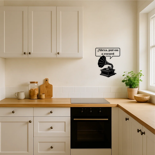 Alexa Gramophone retro kitchen wall decal in modern UK kitchen – vintage vinyl wall sticker decor