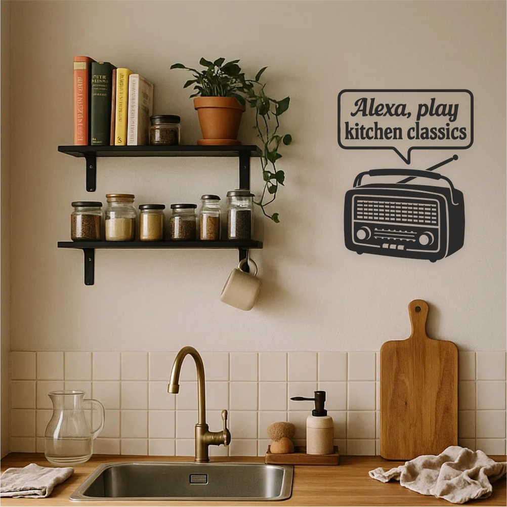Retro kitchen wall decal Alexa Radio vinyl sticker applied above sink in cosy UK kitchen interior