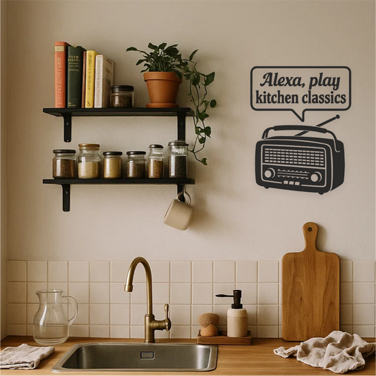 Retro kitchen wall decal Alexa Radio vinyl sticker applied above sink in cosy UK kitchen interior