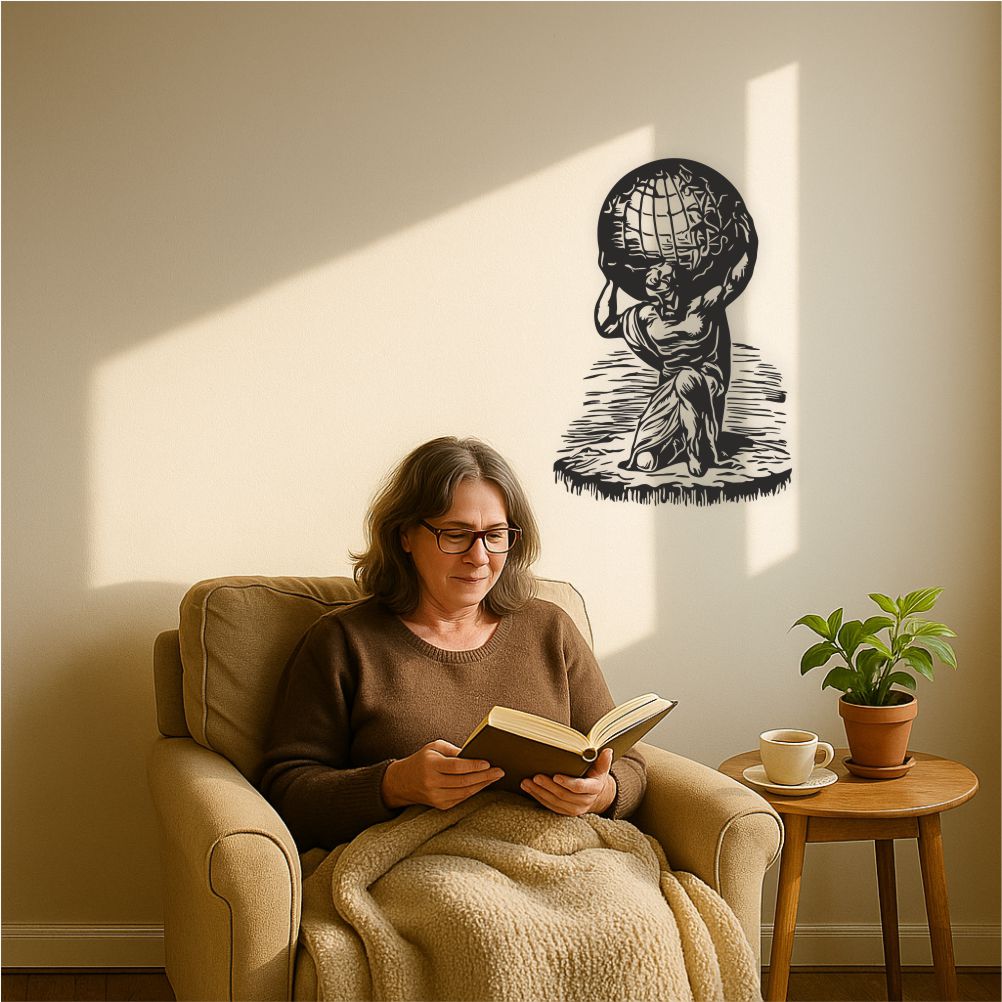 Atlas sculpture wall decal applied see modern living room with armchair and reading corner