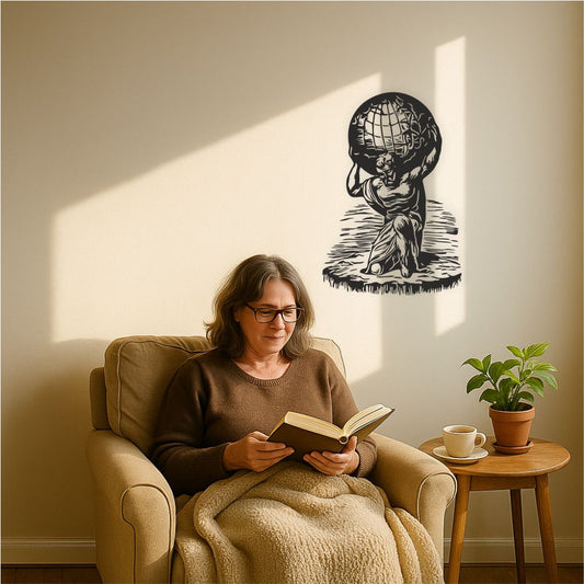 Atlas sculpture wall decal applied see modern living room with armchair and reading corner