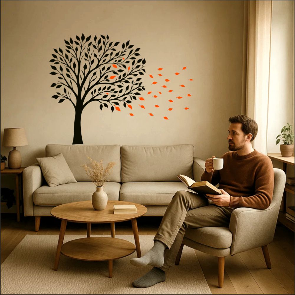 Autumn tree wall decal applied in modern living room above sofa