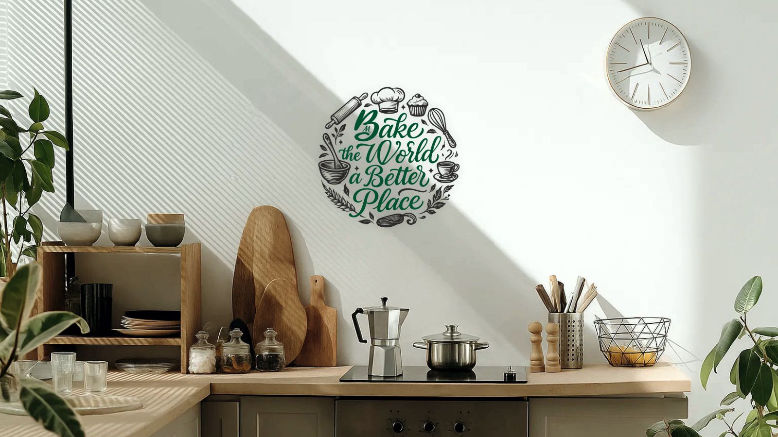 Bake the World a Better Place wall decal displayed in a modern bright kitchen – inspirational vinyl design above a wooden countertop.