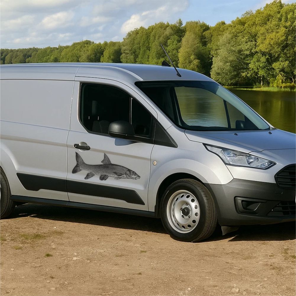Barbel fishing decal applied on van side panel near lakeside
