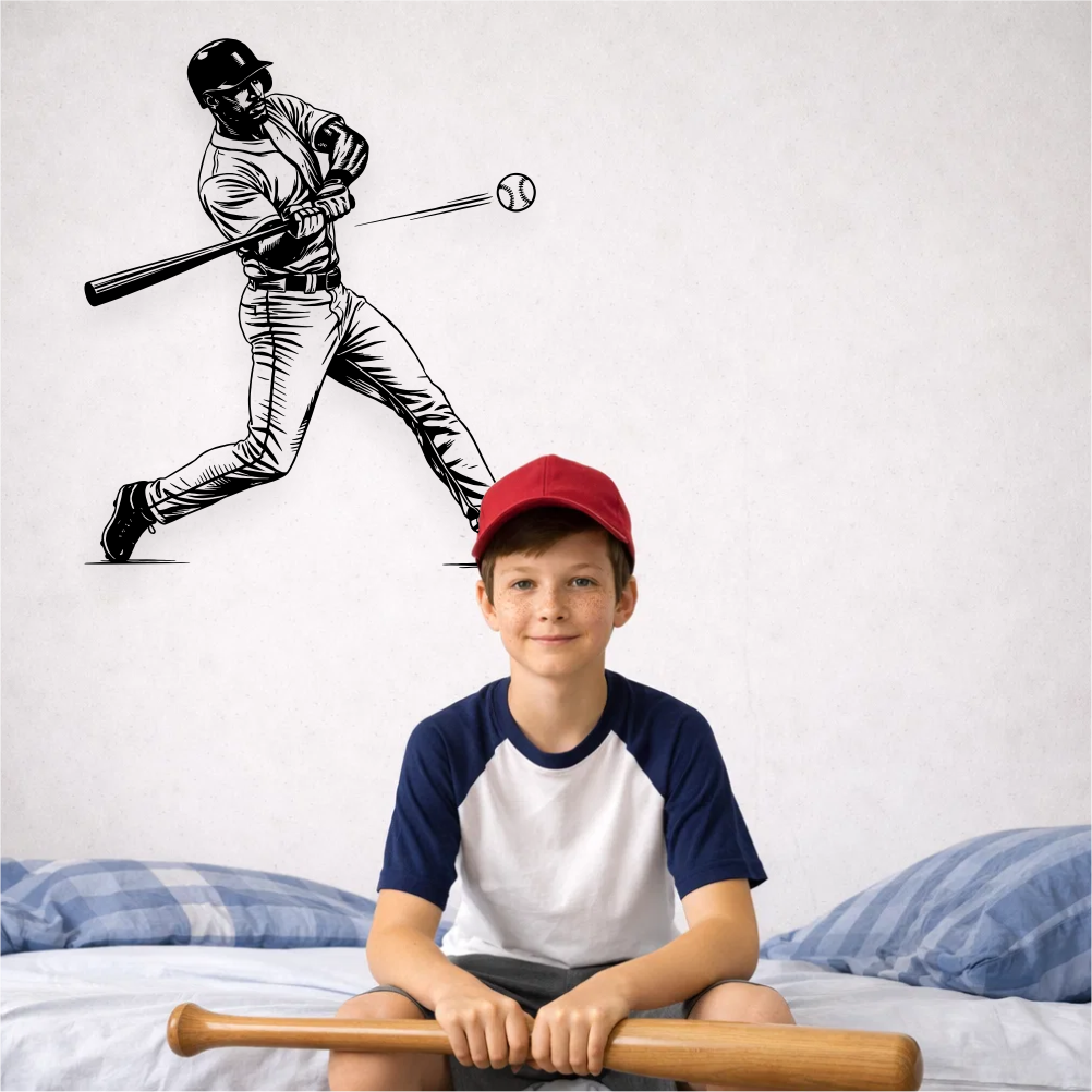 Baseball player wall decal above bed in kids room – sporty wall decor for young baseball fans